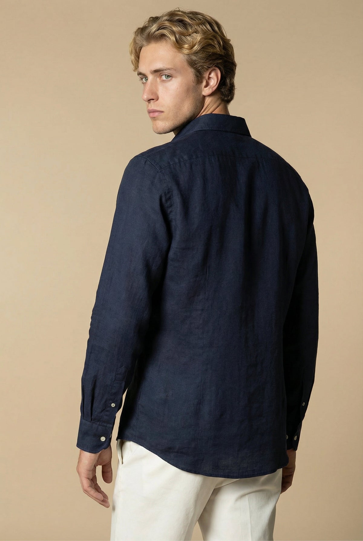 Chemise à manches longues en lin Amalfi bleu marine