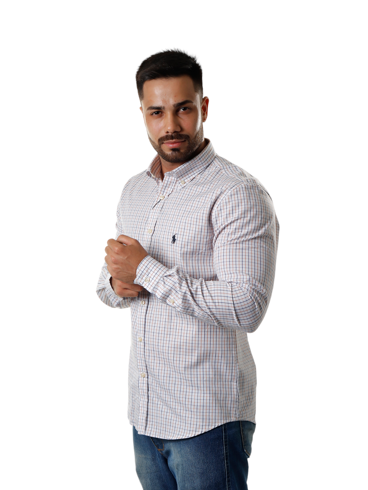 Men's RL Shirt Custom Fit Istanbul White and Blue and Brown