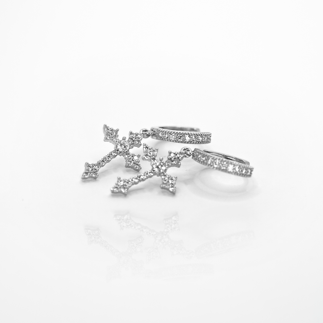 Pave Cross Zirconia Hoop Earrings