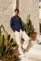 Chemise à manches longues en lin Amalfi bleu marine