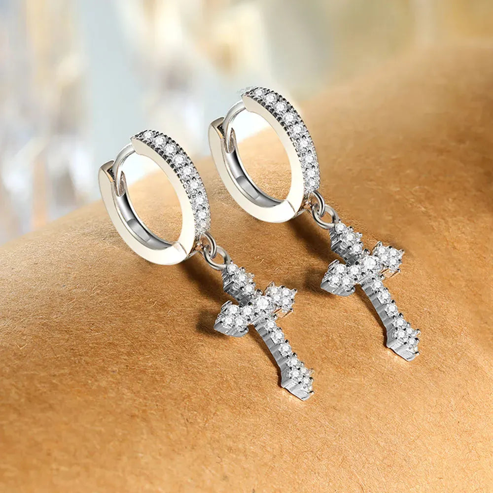 Pave Cross Zirconia Hoop Earrings