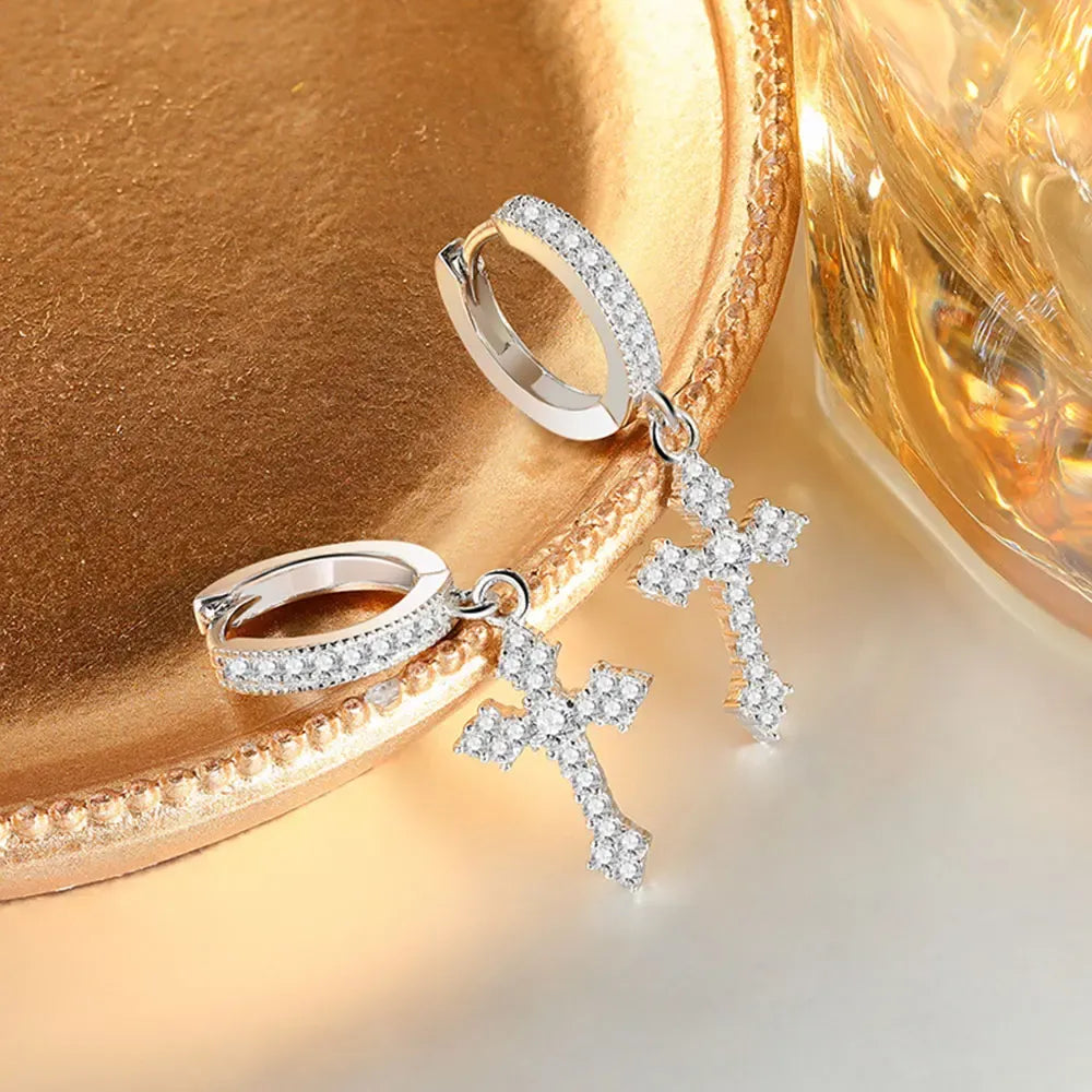 Pave Cross Zirconia Hoop Earrings