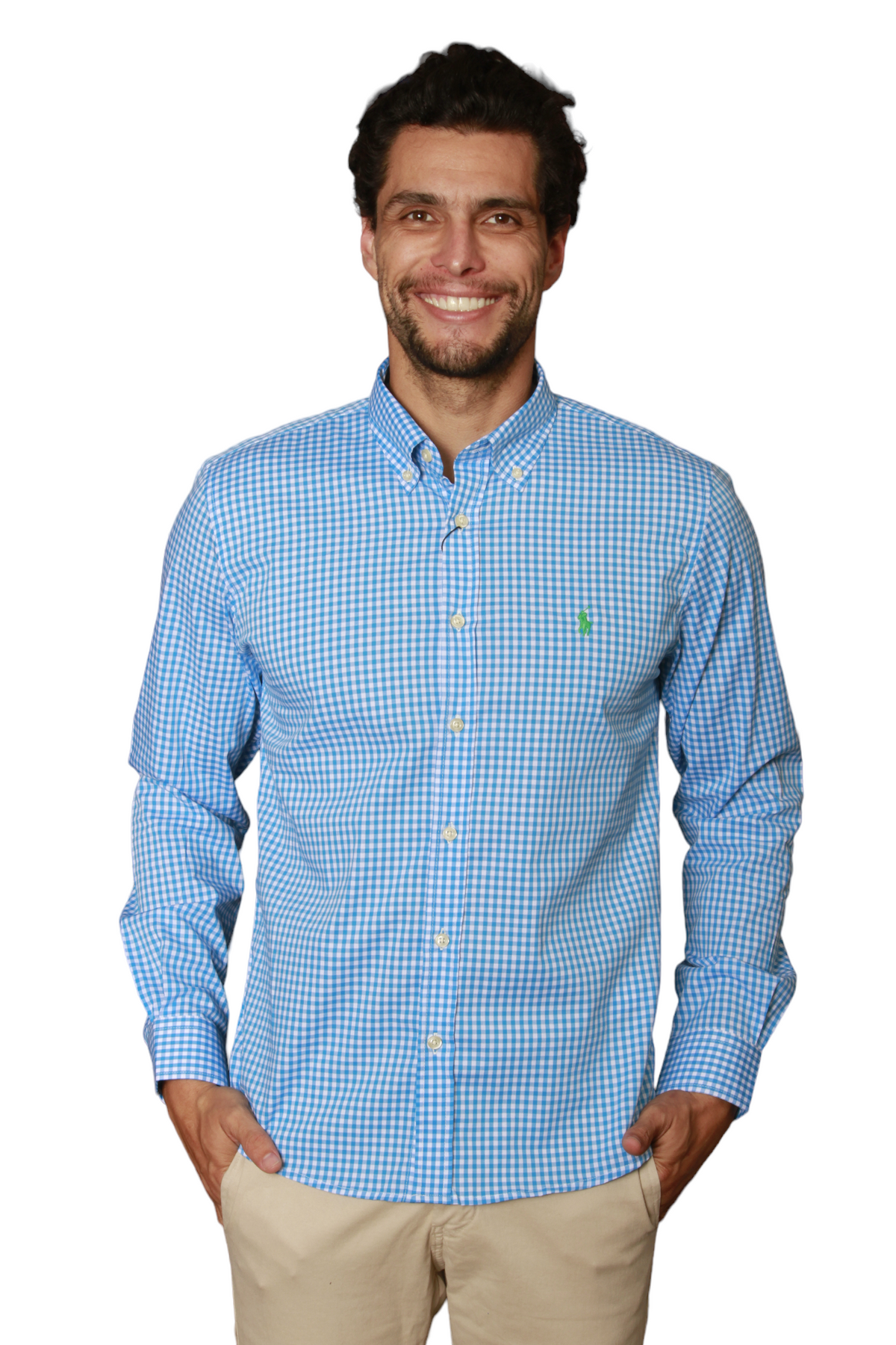 Men's RL Shirt Slim Fit Stretch Medium Plaid - Blue